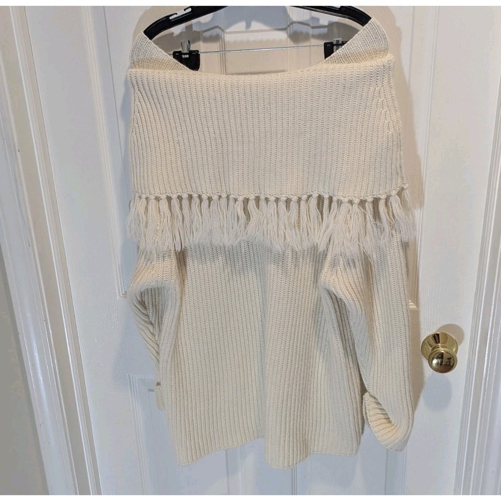 Boho Forenza Fringe Off Shoulder Knit Sweater Wool Blend Coastal Large